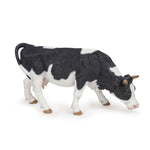 Figurine Vache noire et blanche broutant Papo en PVC, Collection Vie à la ferme, jouet éducatif idéal pour enfants et collectionneurs